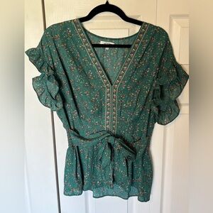 Max Studio Teal Floral V-Neck Tie-Front Ruffle Sleeve Top